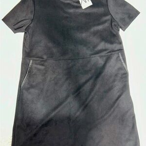 Zara Black Short-Sleeve Midi Shift Dress Faux Suede NWT